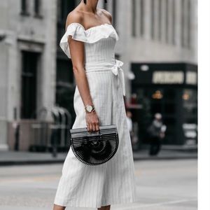 Club Monaco Off the Shoulder White Striped Jumpsuit 10
